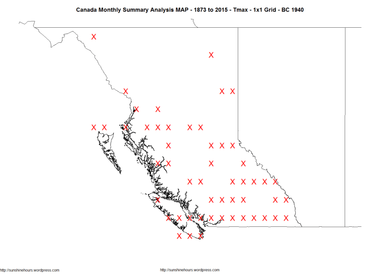 Canada Monthly Summary Analysis MAP - 1873 to 2015 - Tmax - 1x1 Grid - BC 1940