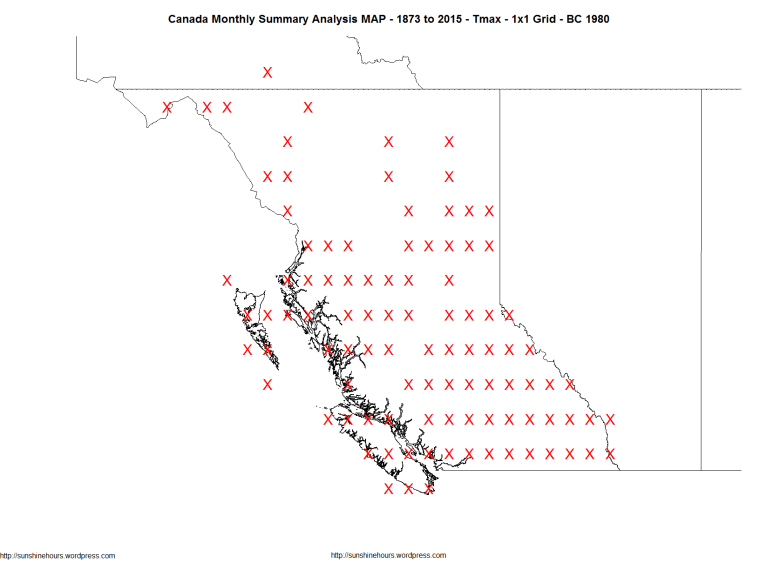 Canada Monthly Summary Analysis MAP - 1873 to 2015 - Tmax - 1x1 Grid - BC 1980
